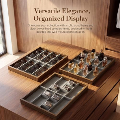 Stratalife 8 Grids Drawer Sunglasses Organizer Tray, Gray Velvet | Stackable Eyeglasses Storage Case with Removable Dividers, Wood Jewelry Display Case for Necklace Bracelet, 13.78x9.5x1.2inch - color: Grey-01