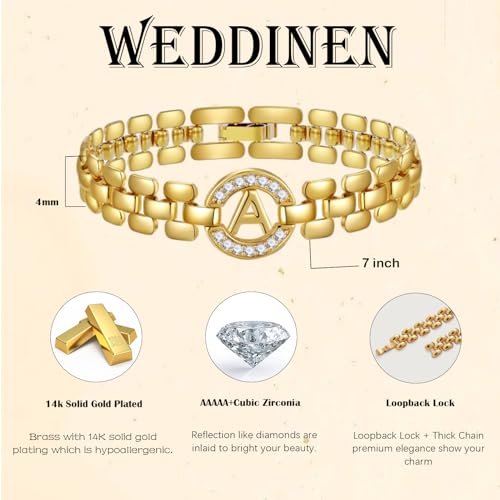 WEDDINEN Initial Bracelets for Women, 14K Gold Plated Letter A-Z Bracelets with Diamonds,Thick Chain Bracelet for Women trendy Jewelry Gifts - color: Gold-N