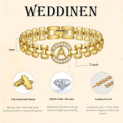 WEDDINEN Initial Bracelets for Women, 14K Gold Plated Letter A-Z Bracelets with Diamonds,Thick Chain Bracelet for Women trendy Jewelry Gifts - color: Gold-R