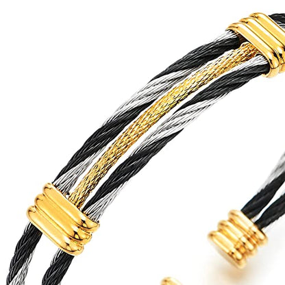 COOLSTEELANDBEYOND Men Women Stainless Steel Twisted Cable Adjustable Cuff Bangle Bracelet - color: I-Metal Color: Black & Silver & Gold