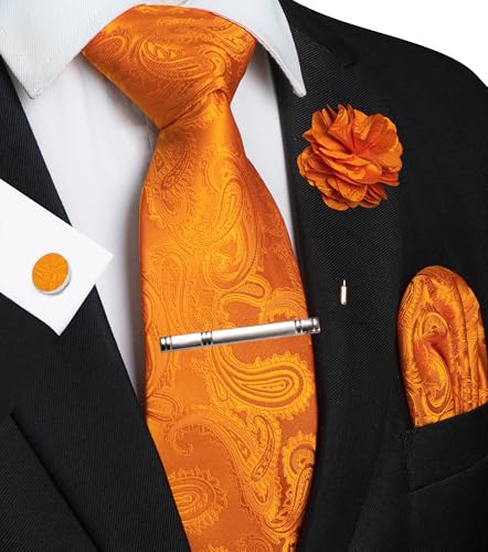 JEMYGINS Mens Paisley Tie and Pocket Square,Lapel Pin,Cufflinks,Tie Clip Sets with Gift Box 5PCS - color: Orange