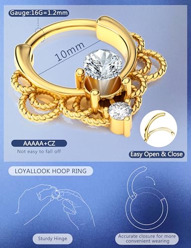 8PCS 16G Septum Clicker Ring Stainless Steel CZ Opal Cartilage Helix Tragus Hoop Daith Earrings Nose Rings Hoop Hinged Segment Clicker Ring Piercing Jewelry - color: gold tone 10mm