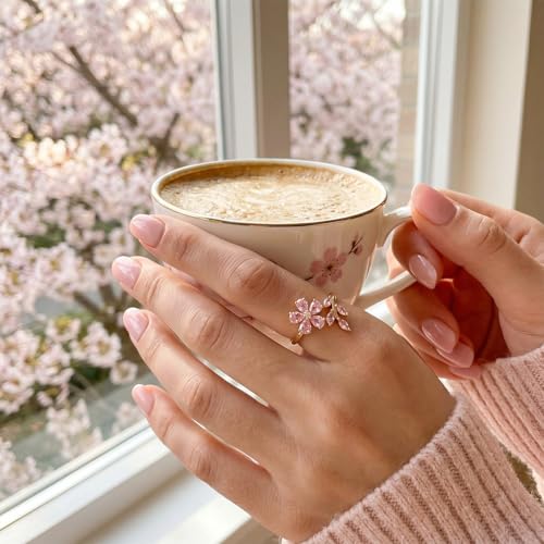 Flower Leaf Wrap Finger Ring for Women,Delicate Pink Crystal Floral Statement Open Ring,Adjustable Promise Engagement,Trendy Irregular Flower Accessories,Prom Jewelry Accessory