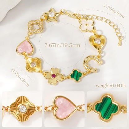 Gold Clover Charm Link Bracelet for Women Elegant Mother of Pearl Lucky Four Leaf Clover Bracelet Cute Colorful Rhinestone Clover Pendant Bracelet Adjustable Link Chain Trendy Party Jewelry Gift - style: lucky