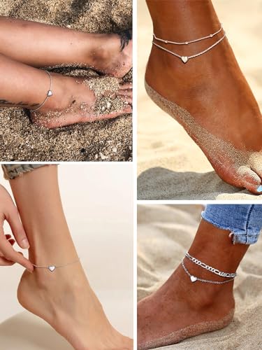 PROSILVER 925 Sterling Silver Ankle Bracelets For Women, Stylish Chain Anklets, Summer Beach Jewelry, 8.6-10.6 Inch Adjustable, Come with Box - style: 01-Heart Anklet-Layered