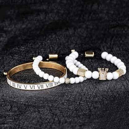 3pcs/set Classical Handmade Braiding Bracelet Hip Hop Men Pave CZ Leopard Head Roman Numeral Bracelet Stainless Steel Jewelry - color: 3pcs D Golden white