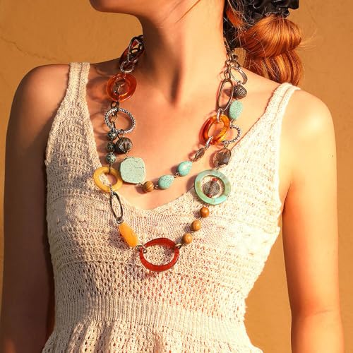 NewZenro Turquoise Colorful Beaded Long Strand Chain Necklaces for Women | Boho Layered Geometric Circle Resin Wooden Beaded Statement Necklace