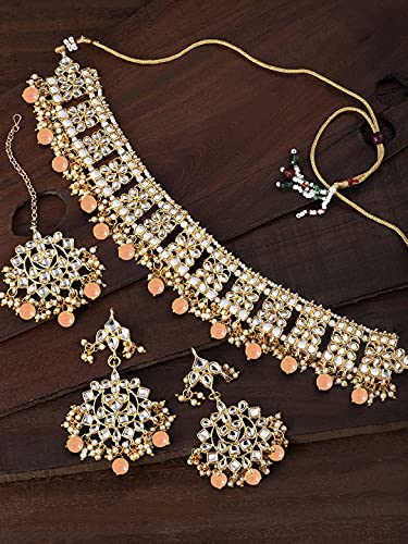 Aheli Elegant Indian Faux Kundan Studded Choker Necklace with Maang Tikka Set Ethnic Wedding Wear Bharatanatyam jewellery set Gift for Women - color: Peach
