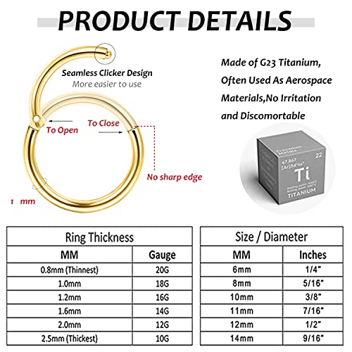 LOYALLOOK 8Pcs G23 Titanium Hinged Clicker Segment Nose Rings Hoop Septum Nose Lip Ring Hoop for Women Men Helix Cartilage Daith Tragus Sleeper Earrings Body Piercing Improved 16G - color: 18G-Gold