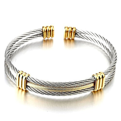 COOLSTEELANDBEYOND Men Women Stainless Steel Twisted Cable Adjustable Cuff Bangle Bracelet - color: B-Metal Color: Silver & Gold