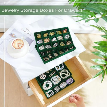 12 Pcs Jewelry Tray Velvet Stackable Jewelry Organizer Trays Divided Earring Accessories Storage Containers Box (Rose Red) - color: Green