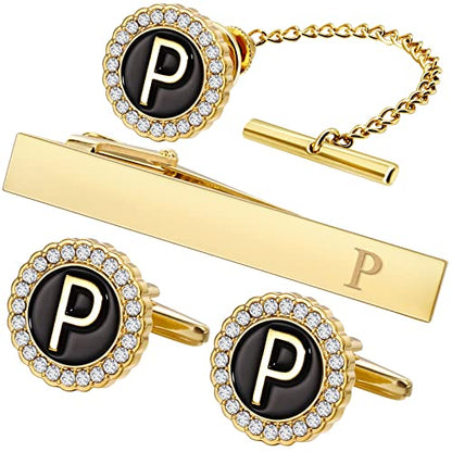 HAWSON Tie Clips, Cufflinks, Tie Tack & Lapel Pins for Men - Suitable for Neckties and French Cuff or Dress Shirt Suits - Jewelry Box Packed, Initials Designed - style: P-4pcs Sets