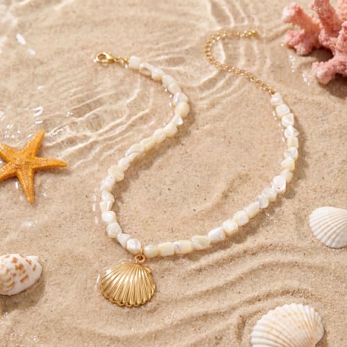 Beach Irregular Colorful Beaded Necklaces for Women Vacation Gifts | Chunky Red Blue White Beaded Choker Necklaces, Beach Boho Vacation Jewelry, Holiday Gifts, Coastal Summer Outfit Accessories - color: Pearl White - Shell