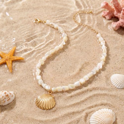 Beach Irregular Colorful Beaded Necklaces for Women Vacation Gifts | Chunky Red Blue White Beaded Choker Necklaces, Beach Boho Vacation Jewelry, Holiday Gifts, Coastal Summer Outfit Accessories - color: Pearl White - Shell