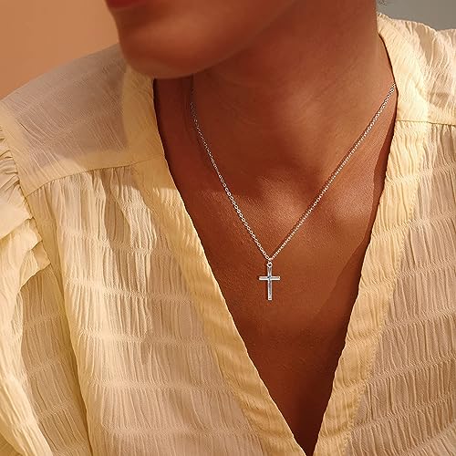 Fettero Cross Necklace for Women Faith Pendant 14K Plated Dainty Chain Necklaes Minimalist Simple Tiny God Lords Prayer Religious Jewelry - style: Blank Sliver