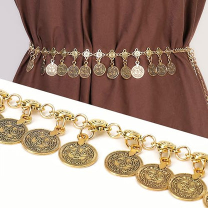 Women Waist Chain Gold Coin Belt Body Chain Metal Link Multilayer Pendant Waist Belt for Prom Party Festival