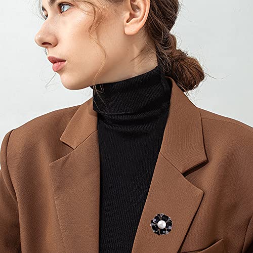 Women Camellia Flower Pearl Enamel Brooch Pins for Ladies Jewelry Fashion - color: Black