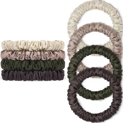 Scrunchies Hair Ties Silk Satin Scrunchy, WantGor Women 4PC Hair Bands | Pure Mulberry Silk Skinny Elastic Scrunchies Bracelets Ponytail Holders Hair Accessories (Beige,Champagne,Coffee,Grey-green) - color: Beige,Champagne,Coffee,Grey-green