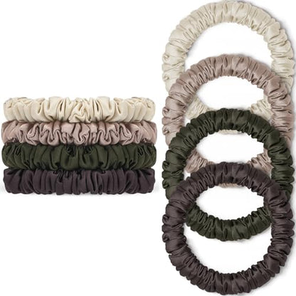 Scrunchies Hair Ties Silk Satin Scrunchy, WantGor Women 4PC Hair Bands | Pure Mulberry Silk Skinny Elastic Scrunchies Bracelets Ponytail Holders Hair Accessories (Beige,Champagne,Coffee,Grey-green) - color: Beige,Champagne,Coffee,Grey-green