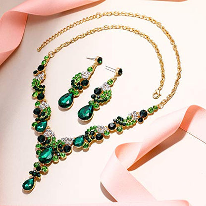 EVER FAITH Rhinestone Crystal Bridal Floral Wave Teardrop Necklace Earrings Set - color: 2pcs_Green