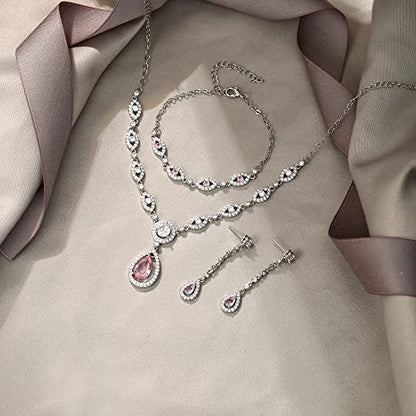 EVER FAITH Bridal Jewelry Set for Women, Stunning Teardrop Cubic Zirconia Birthstone Necklace Bracelet Earrings Sets Gift for Mothers Day/Valentines/Birthday/Christmas - color: Pink