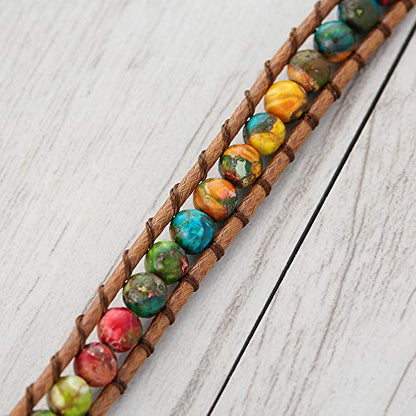 Plumiss Women Boho Handmade Natural Stone Crystal Leather Bead Wrap Bracelets Collection - style: Colorful Jasper 3w
