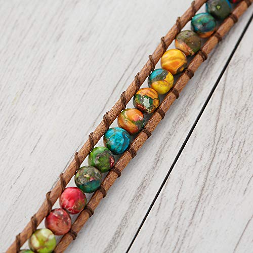 Plumiss Women Boho Handmade Natural Stone Crystal Leather Bead Wrap Bracelets Collection - style: Colorful Jasper 3w