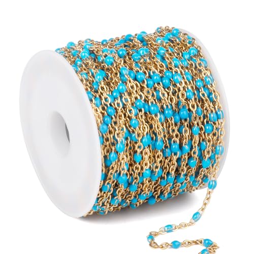 33FT 2mm Gold Cable Chains Light Blue Enamel Chains Bulk for Jewelry Making | 18K Gold PVD Plated Stainless Steel Enamel Beaded Chains Roll for Necklace Bracelet - color: Gold Light Blue Beads