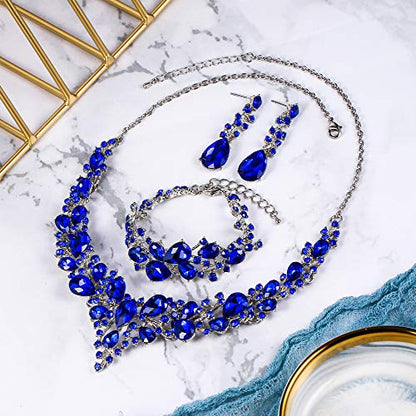 Wedding Bridal Jewelry Set for Women Bride Bridesmaids | Gorgeous Austrian Crystal Teardrop Cluster Statement Necklace Dangle Earrings Link Bracelet Set Prom Jewellery - color: 16-Blue Silver-Tone