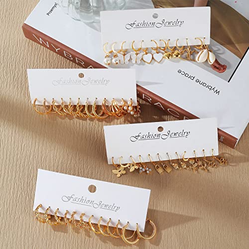 IFKM 24 Pairs Gold Hoop Earrings Set for Women Hypoallergenic Chunky Chain Twisted Open Hoops Dangle Earring Packs for Birthday Party Christmas Fashion Jewelry Gift - color: 24 Pairs Gold