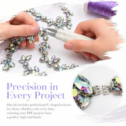 3FT Heavy Duty Crystal Rhinestone Trim Chain with Yarn Scissors, Sew-On Bling Appliqué for Wedding Bridal Dress, DIY Jewelry & Clothing Accessories (Iridescent) - color: iridescent