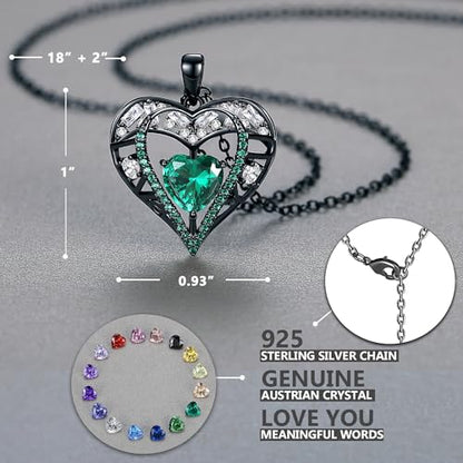 5 Heart I Love You Necklace for Women, Birthstone Crystal Pendant, Birthday Gift for Her, Wife, Mom, Rose Gold or Gunmetal Plated, 925 Sterling Silver Chain 18"+2" - color: 18-May-Emerald Green-GunMetal Plated
