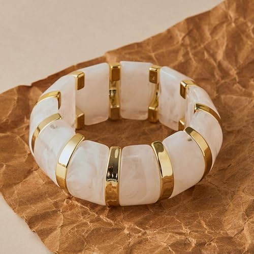 YBMYCM Acrylic Chunky Bangles Bracelets for Women Resin Gold-plated Stackable Stretch Bracelet Wide Wristbands Gift Jewelry - color: White