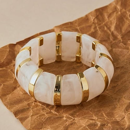 YBMYCM Acrylic Chunky Bangles Bracelets for Women Resin Gold-plated Stackable Stretch Bracelet Wide Wristbands Gift Jewelry - color: White