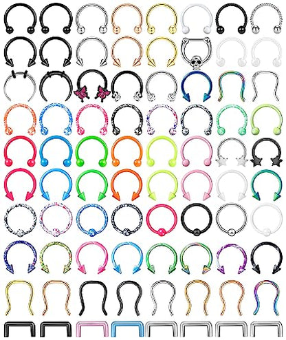 ONESING 53-80 Pcs Septum Rings 16g, Septum Rings for Women Septum Piercing Jewelry Horseshoe Nose Hoop Rings Lip Tragus Cartilage Earrings Stainless Steel Body jewelry 10mm - color: MixcolorD-80 Pcs