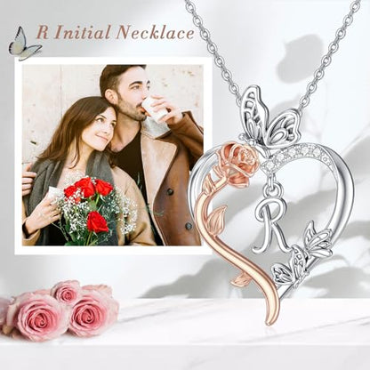 TOUPOP Gifts for Women Her 925 Sterling Silver Rose Heart Initial Necklace Butterfly Heart Jewelry Anniversary Birthday Gifts for Wife Girlfriend Mom - color: R Initial