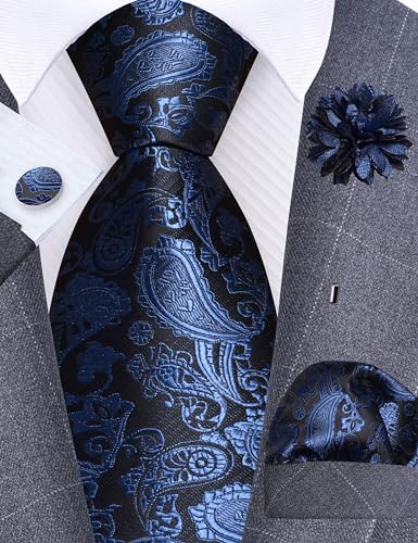 GUSLESON 3.15"（8cm） Mens Paisley Tie and Lapel Pin Necktie Hankerchief Cufflinks Set for Men - color: Dusty Blue