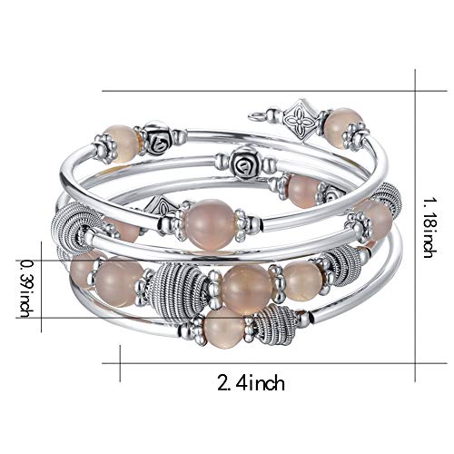 PEARL&CLUB Beaded Chakra Bangle Turquoise Bracelet - Fashion Jewelry Wrap Bracelet with Thick Silver Metal and Mala Beads, Birthday Gifts For Women - color: Agate grey