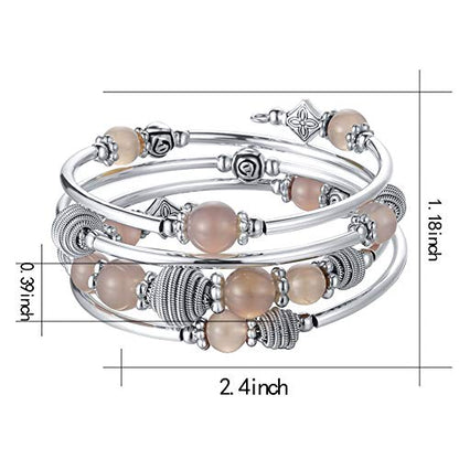 PEARL&CLUB Beaded Chakra Bangle Turquoise Bracelet - Fashion Jewelry Wrap Bracelet with Thick Silver Metal and Mala Beads, Birthday Gifts For Women - color: Agate grey