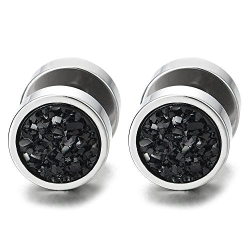 10mm Women Mens Black Circle Stud Earrings Black Glitter, Steel Cheater Fake Ear Plugs Gauges Tunnel - color: Metal color: Silver; Stone color: Black