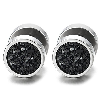 10mm Women Mens Black Circle Stud Earrings Black Glitter, Steel Cheater Fake Ear Plugs Gauges Tunnel - color: Metal color: Silver; Stone color: Black
