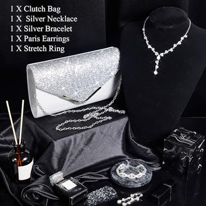 Henoyso 5 Pcs Purse Rhinestone Jewelry Set Prom Jewelry Rhinestone Clutch Purse Necklace Earrings Bracelets for Women Bride - color: Silver