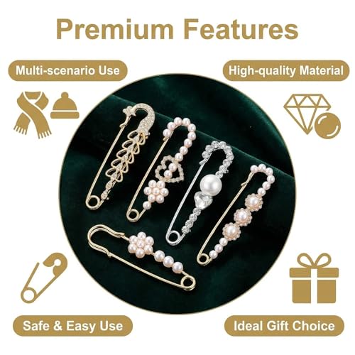 4 Pcs Women Brooch Pins Set, Faux Crystal Pearl Decorative Brooches, Multipurpose Sweater Shawl Clips, Safety Fastener Clothes Buckle Clips, Stylish Dress Shirt Clips for Daily Outfit Decoration