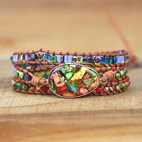 Women Wrap Bracelet Boho Natural Jasper Crystal Stone Beads Strand Bracelets - color: Style 03-Colored turquoise