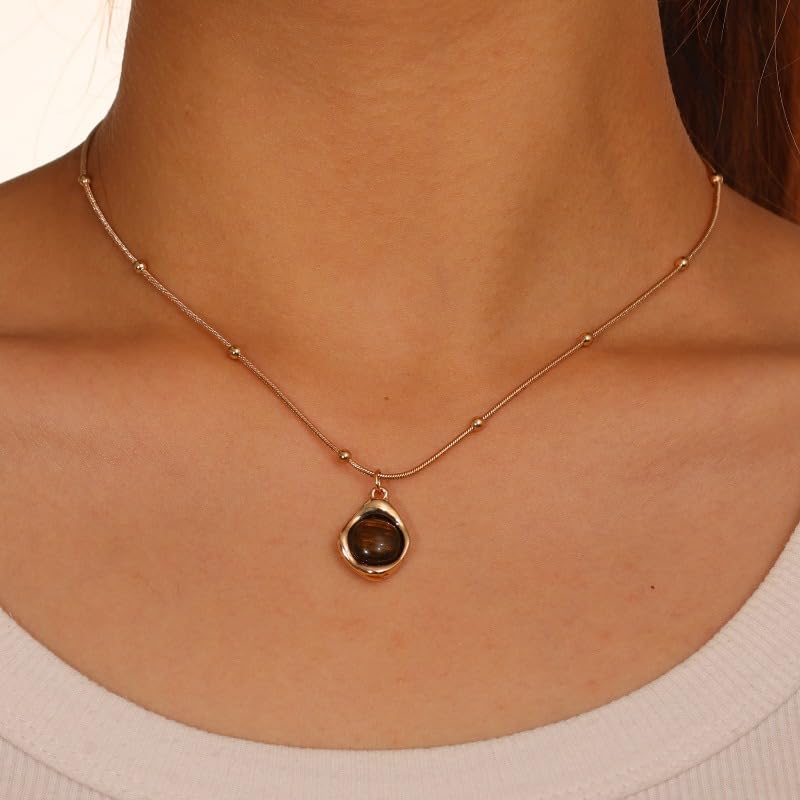 2pcs Retro Temperament Layered Tiger Eye Stone Pendant Necklace For Women Stainless steel Double-Layer Collarbone Chain Sets