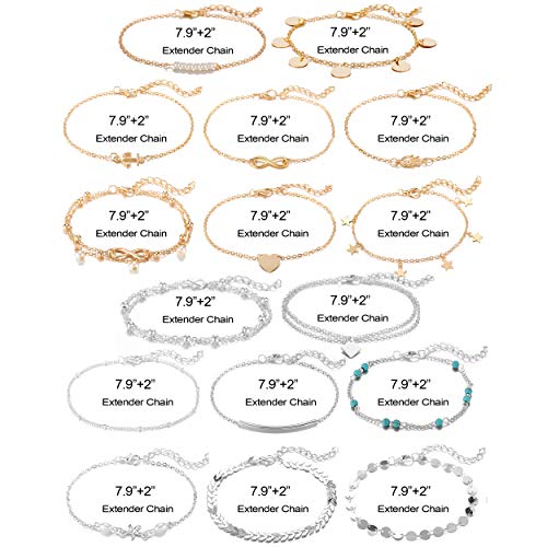Softones 16Pcs Ankle Bracelets for Women Gold Silver Two Style Chain Beach Anklet Bracelet Jewelry Anklet Set,Adjustable Size - color: C:8-Gold 8-Silver