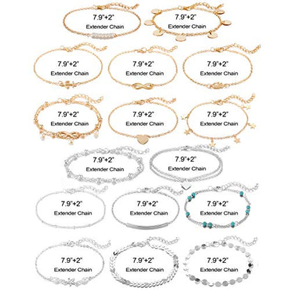 Softones 16Pcs Ankle Bracelets for Women Gold Silver Two Style Chain Beach Anklet Bracelet Jewelry Anklet Set,Adjustable Size - color: C:8-Gold 8-Silver