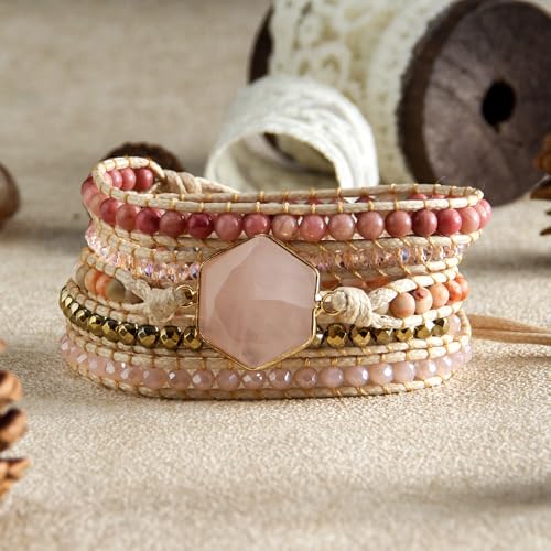 Handmade Boho Wrap Bracelets Natural Turquoise Crystal Stone Variety Beaded Strand Bracelet - color: Pink Quartz