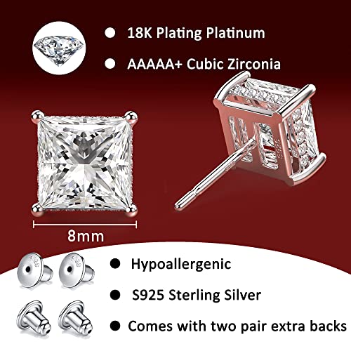 Princess Cut Cubic Zirconia Stud Earrings for Men Women | Square CZ Simulated Diamond Studs, 18K White Gold Plated Sterling Silver, Hypoallergenic - color: White Gold, size: 8MM