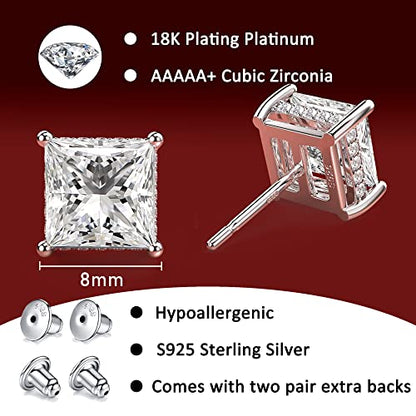 Princess Cut Cubic Zirconia Stud Earrings for Men Women | Square CZ Simulated Diamond Studs, 18K White Gold Plated Sterling Silver, Hypoallergenic - color: White Gold, size: 8MM